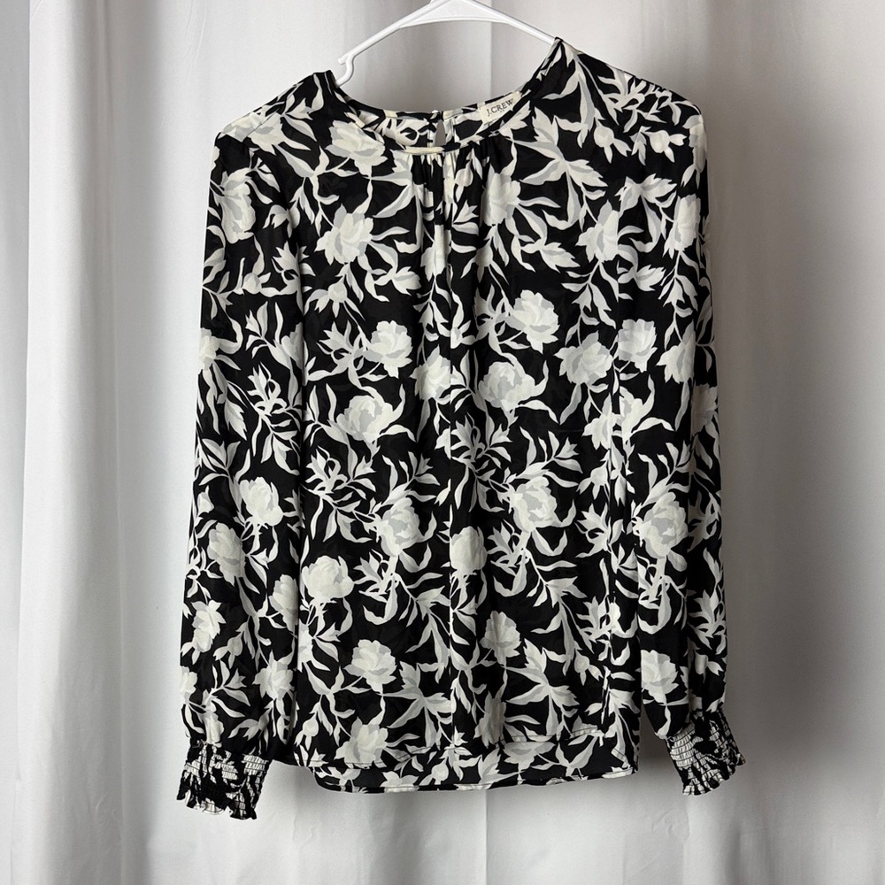 J. Crew Black and White Floral Long-Sleeve Blouse